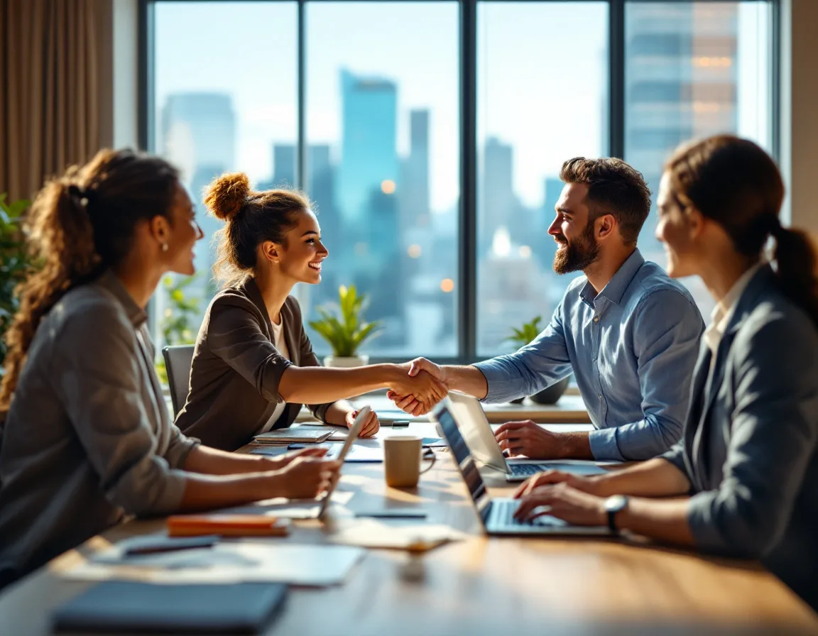 Business team shaking hands with a managed IT services partner in a Texas office
