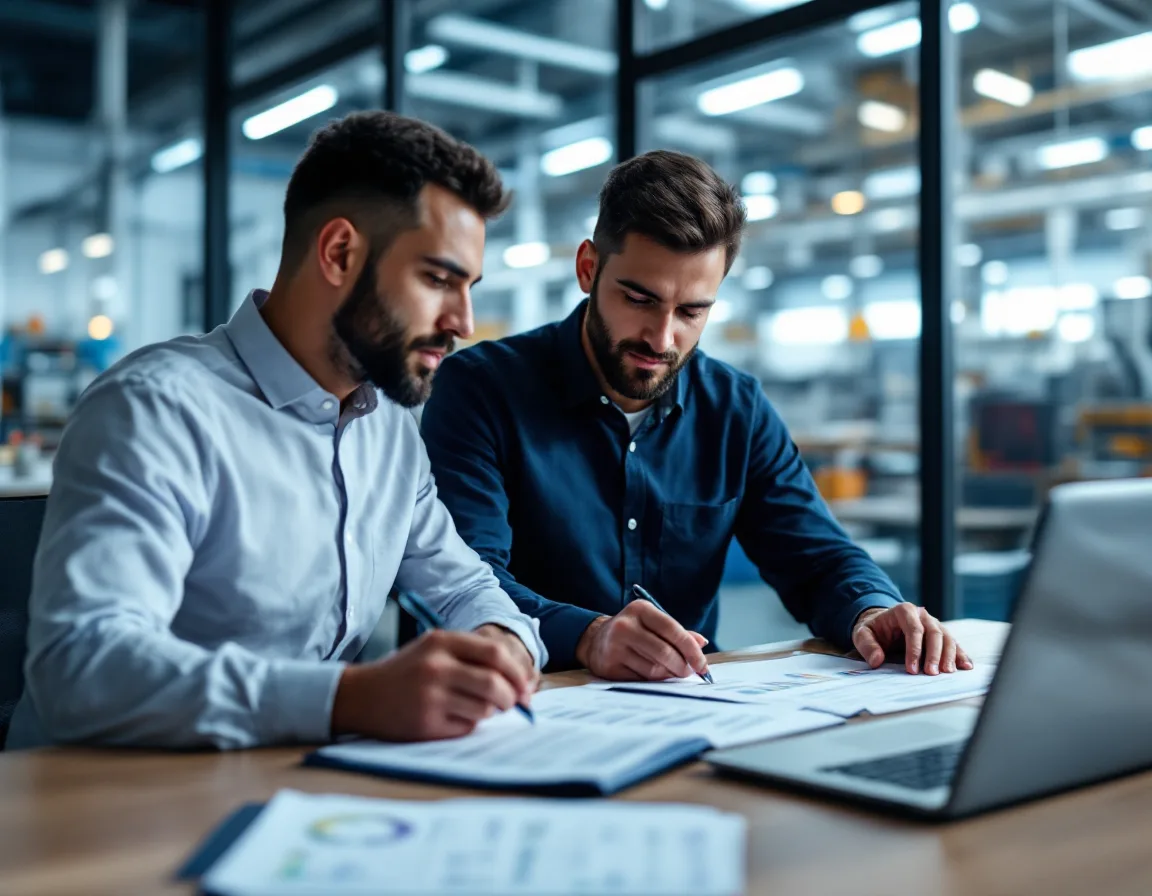 Two professionals reviewing cybersecurity compliance documentation in a manufacturing plant office overlooking the floor