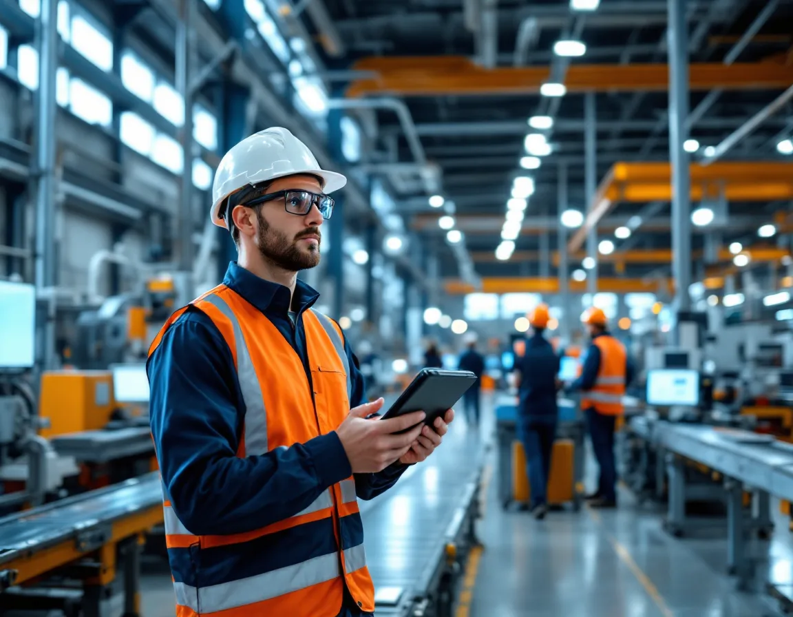 IT engineer in a hard hat documenting connected equipment on a rugged tablet during an OT asset inventory