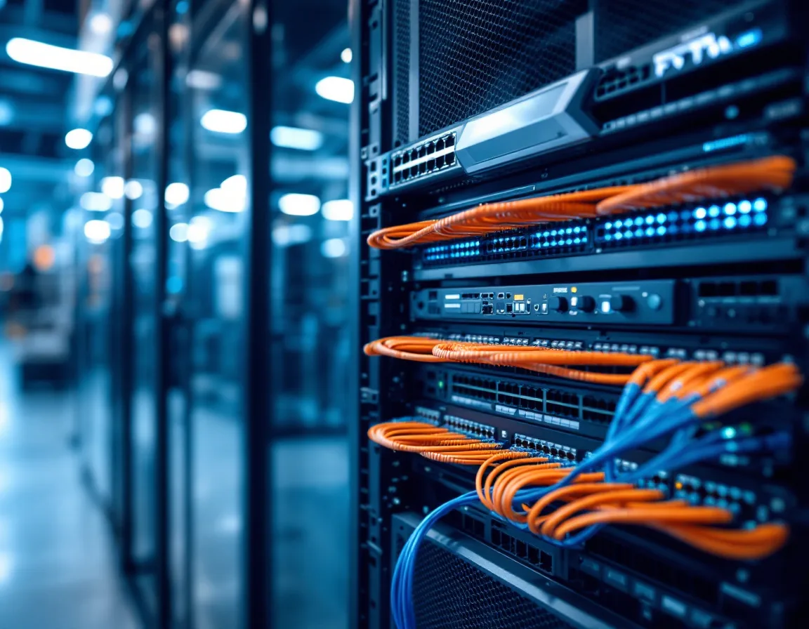 Industrial network rack with firewall appliances and patch cables separating the plant floor from the business network