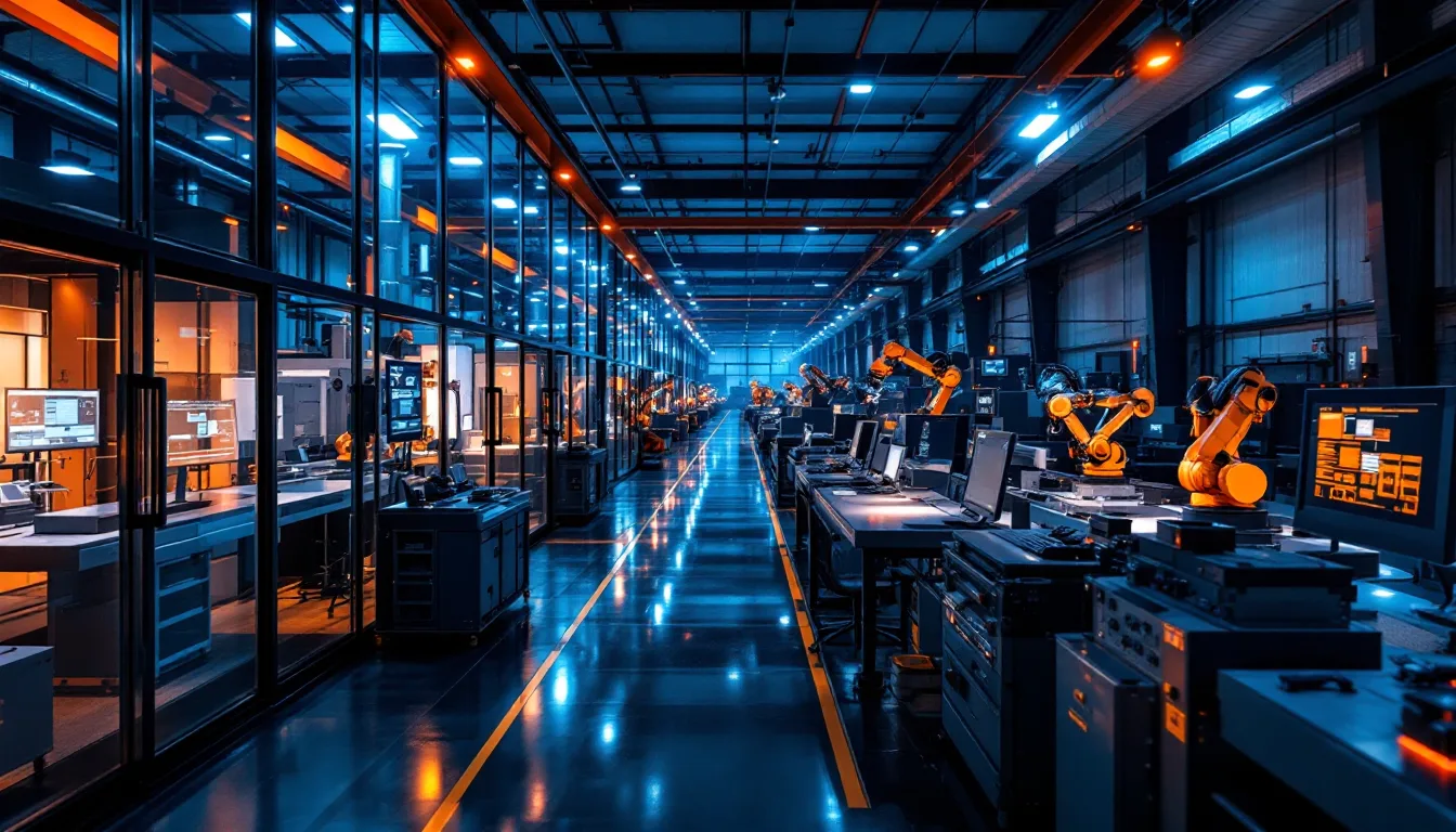 Manufacturing cybersecurity in Texas, modern plant floor with CNC and robotic cells beside a glass control room