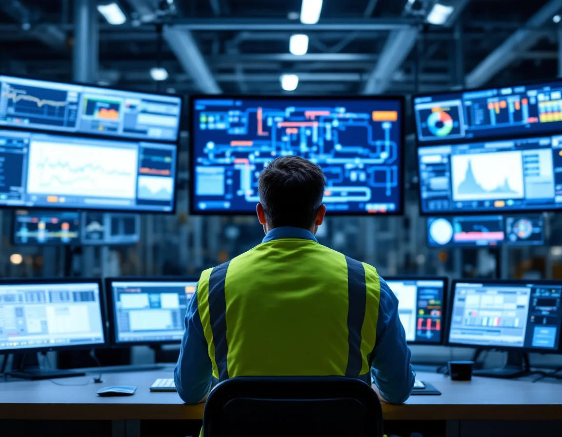 Operator monitoring SCADA and HMI screens in a manufacturing control room with a security alert displayed