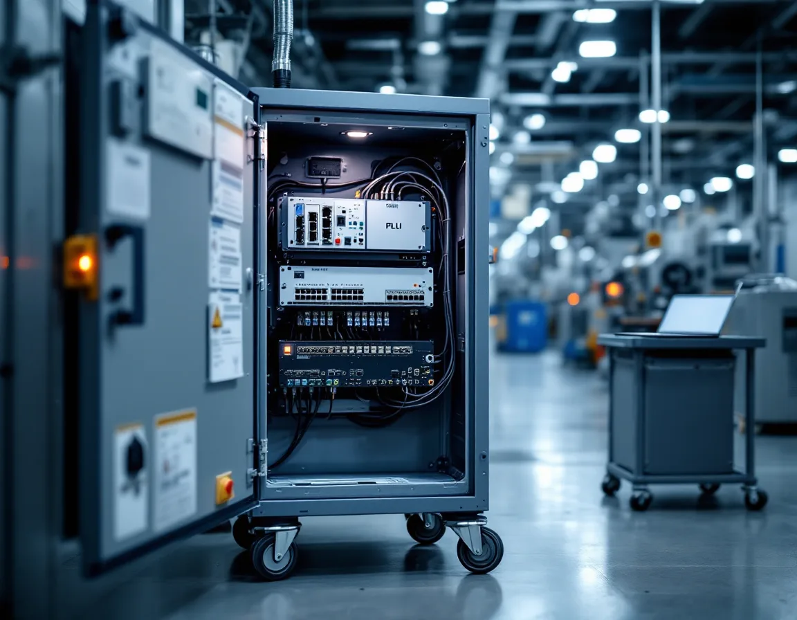 Open industrial control cabinet with a PLC and network switch cabled to a technician laptop on a plant floor