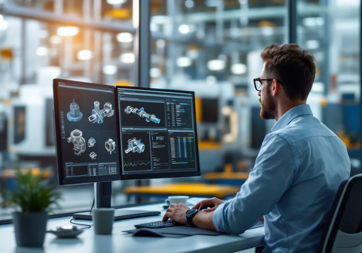 A manufacturing engineer working on CAD drawings and an ERP production schedule at a dual-monitor workstation overlooking a DFW plant floor