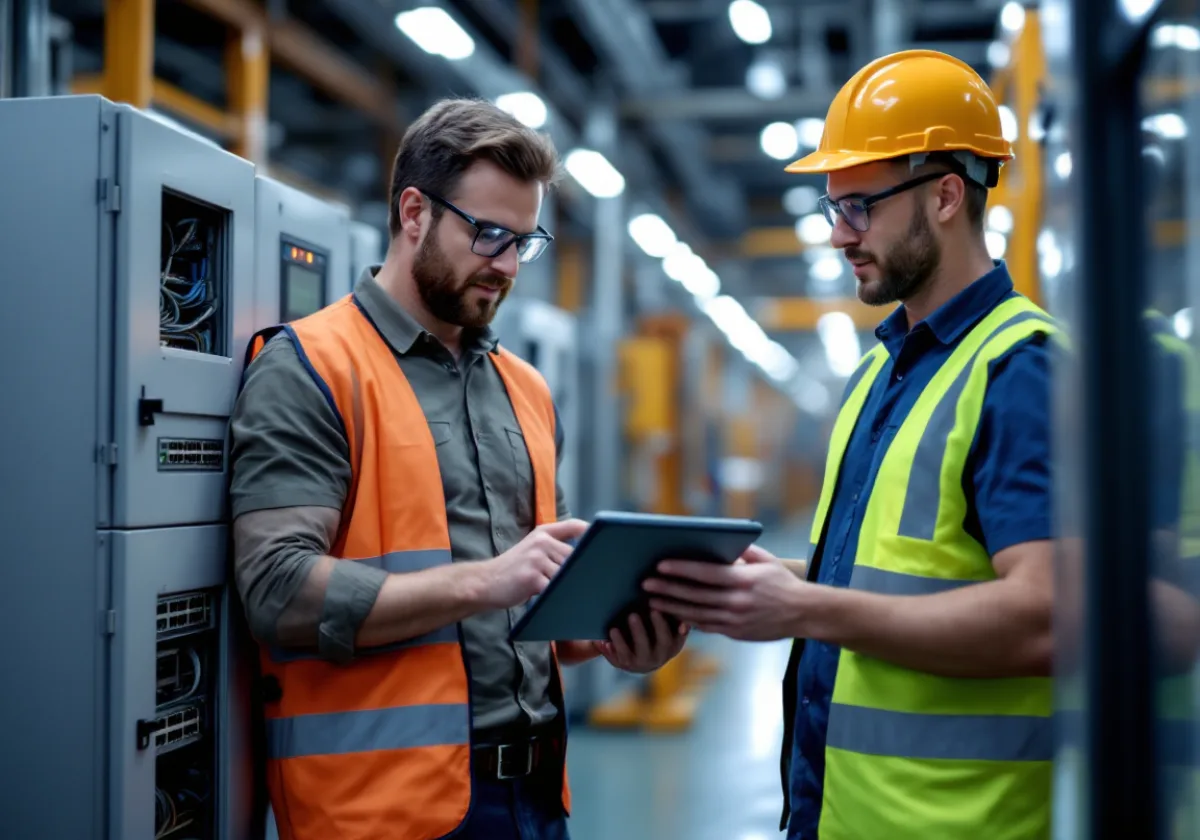 An Uprite consultant and a plant operations manager performing an IT and OT asset assessment at an open control cabinet in a Dallas manufacturing plant