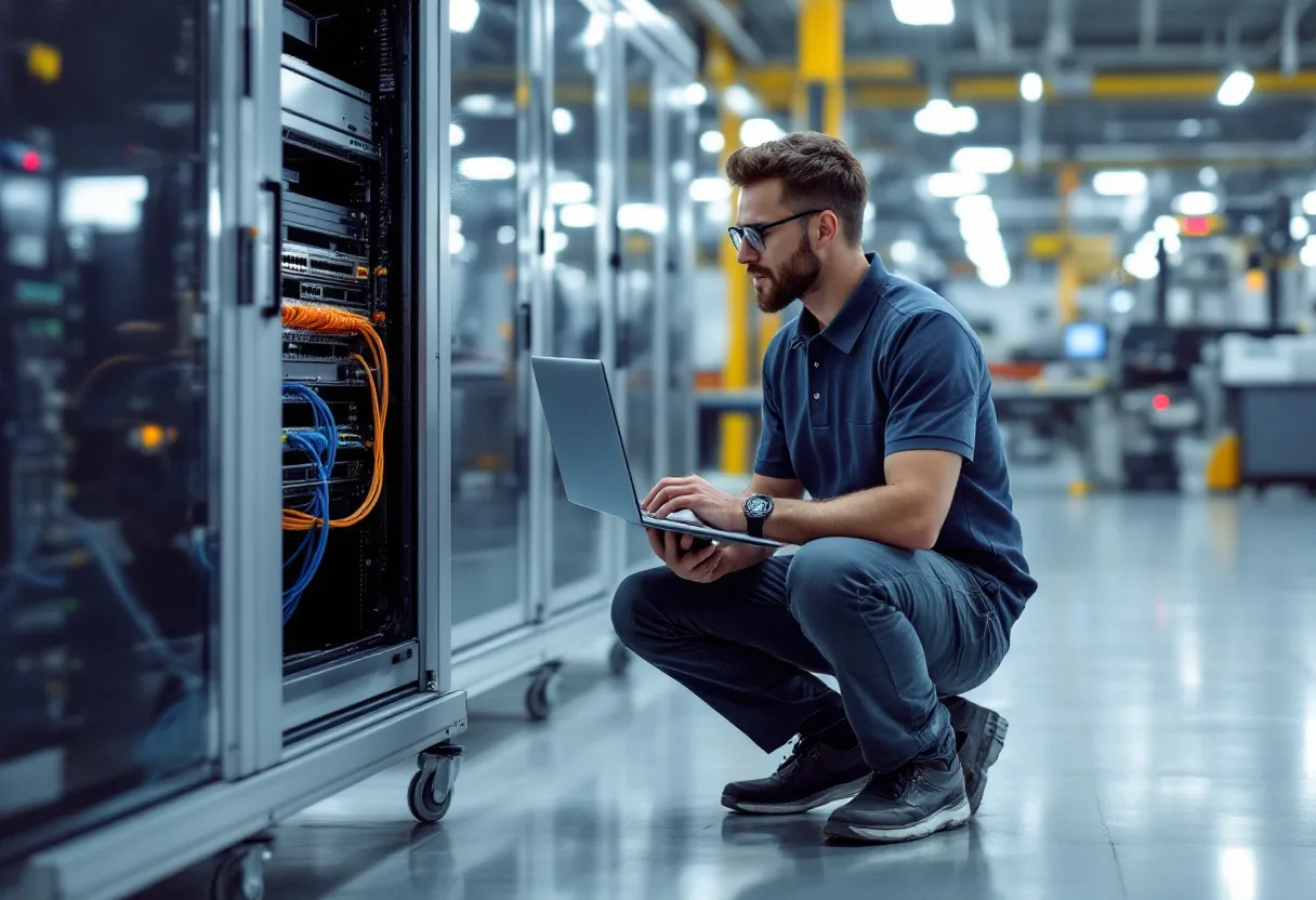 Uprite IT engineer working on an industrial network cabinet beside a production line at a San Antonio manufacturing plant