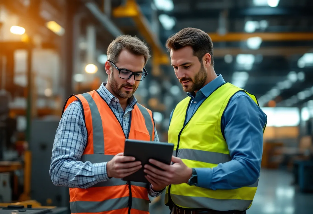 Plant operations manager and Uprite IT consultant reviewing a manufacturing technology assessment on a San Antonio shop floor