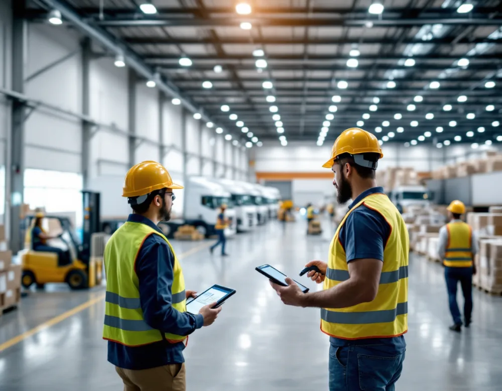 Warehouse workers using handheld scanners and tablets near loading docks with delivery trucks and forklifts moving pallets