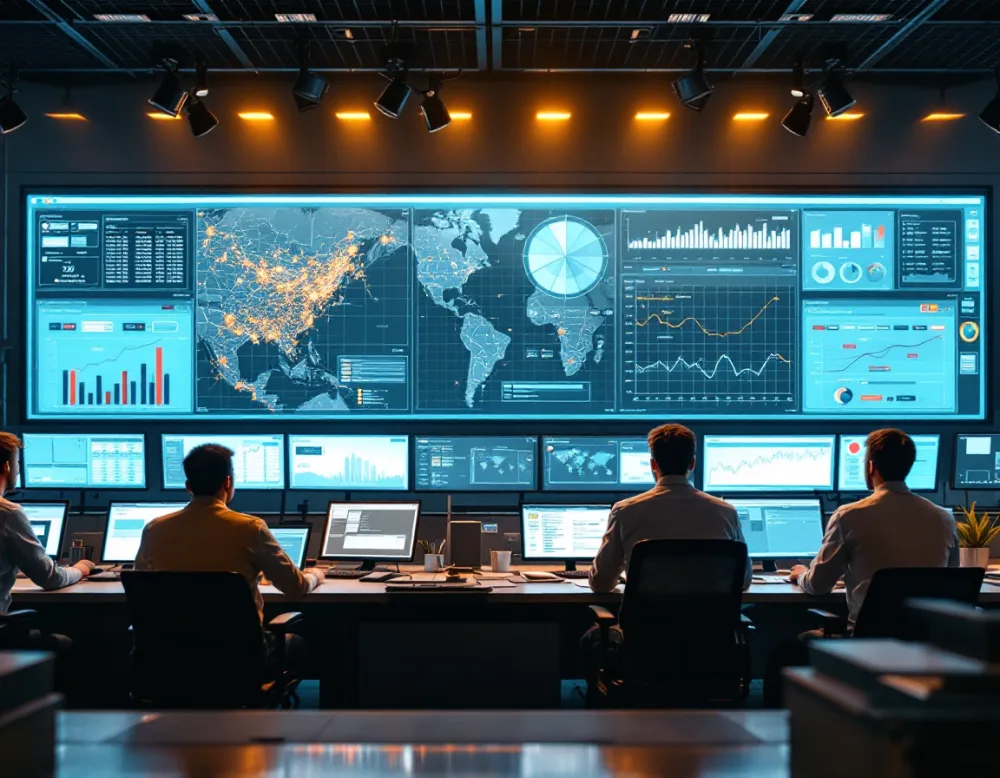 Dispatchers in a logistics operations control center monitoring shipment tracking maps and freight dashboards on large screens