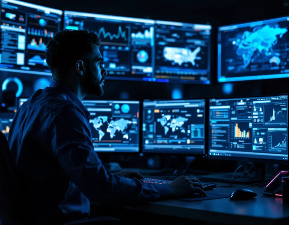 IT security professional at a logistics company reviewing a cargo tracking and threat monitoring dashboard in a security operations center