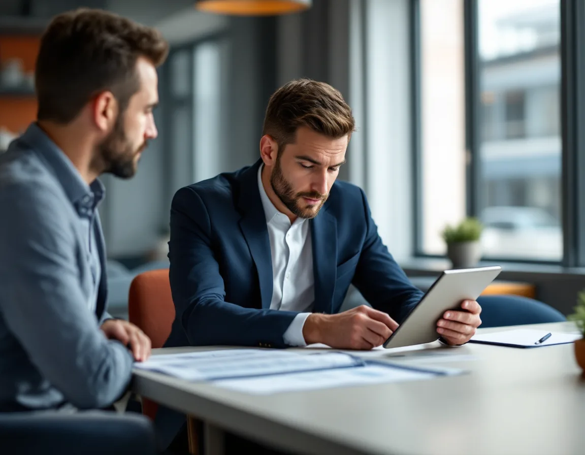 Managing partner and senior accountant reviewing a written information security plan and compliance checklist