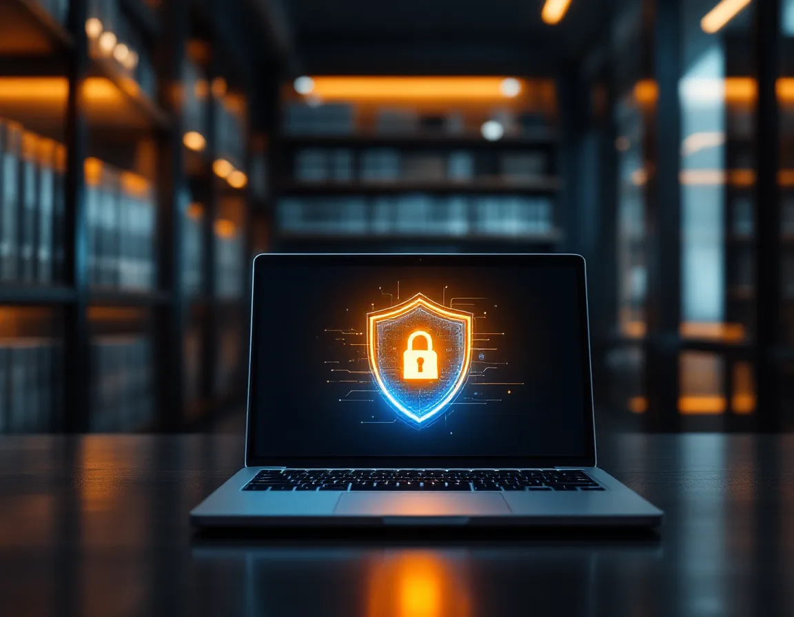 Encrypted client file interface and security shield on a laptop beside confidential case folders at a Texas firm