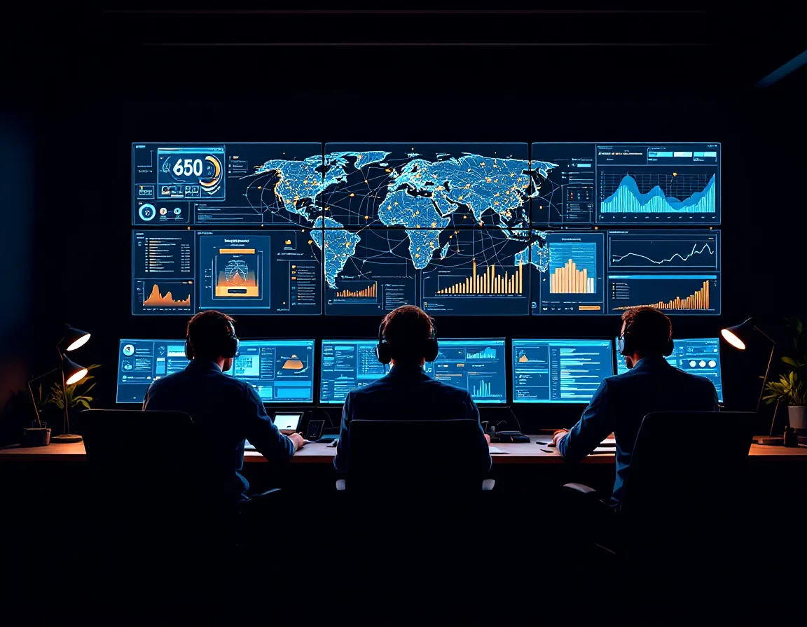 Managed IT engineers monitoring network topology and security telemetry on large operations center displays