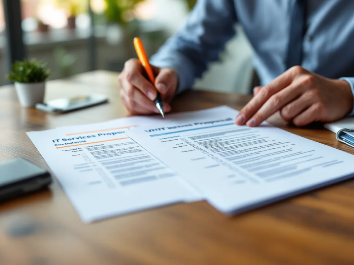 Business owner reviewing a managed IT services proposal and vetting checklist against two MSP contracts