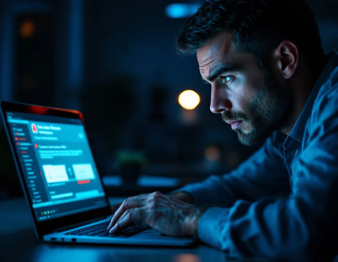 Small business professional facing a ransomware security alert on a laptop at night