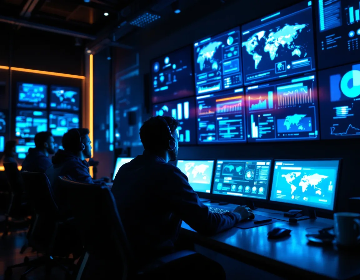 Cybersecurity analysts in a 24/7 security operations center monitoring threat dashboards