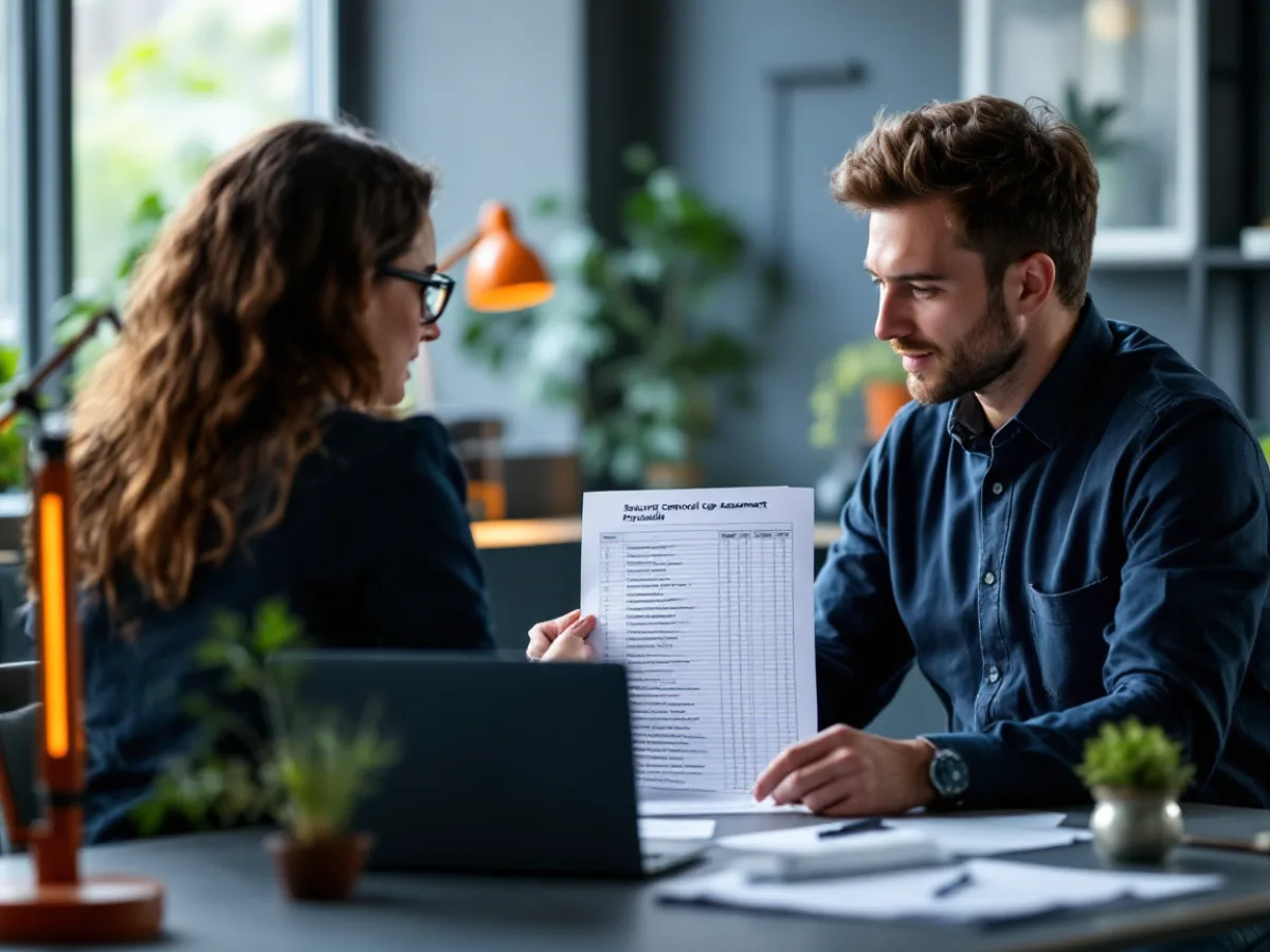 A cybersecurity consultant and a manufacturing operations manager reviewing a NIST 800-171 control gap assessment on a laptop and printed scoring checklist