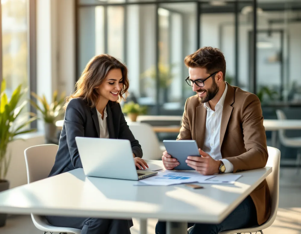 Nonprofit operations manager and IT consultant reviewing cloud technology and budget together on a laptop