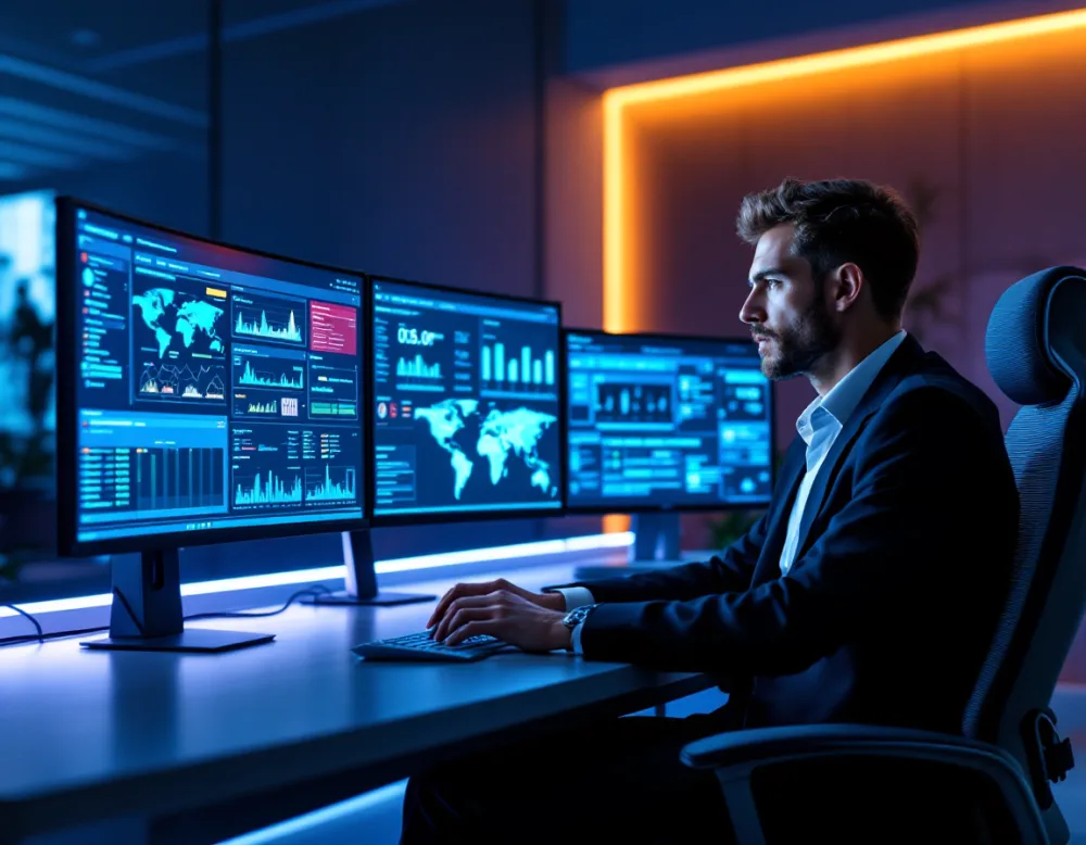 IT cybersecurity specialist reviewing a data protection dashboard that safeguards nonprofit donor and financial records