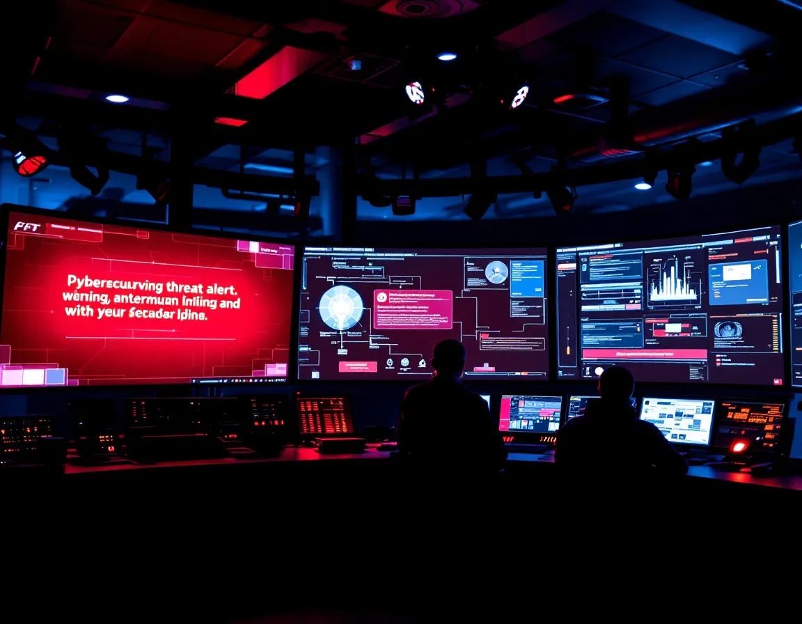 Pipeline control room at night showing a red cybersecurity threat alert