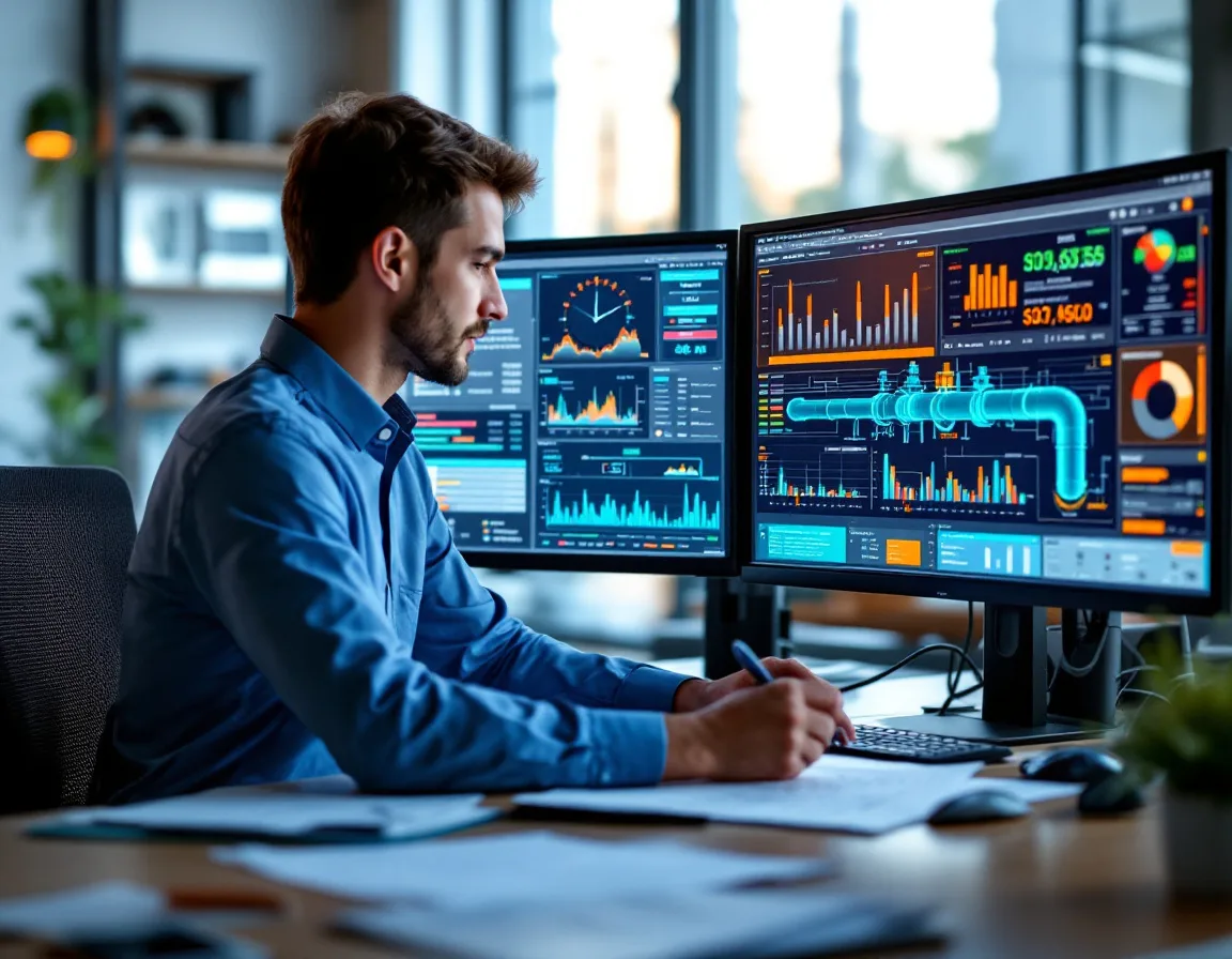 Oil and gas compliance officer reviewing cybersecurity regulations beside pipeline SCADA dashboards