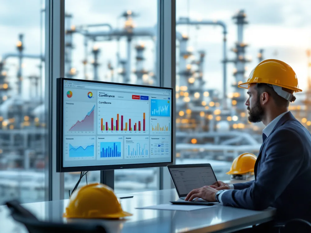 Cybersecurity analyst and refinery operations manager reviewing an oil and gas compliance dashboard
