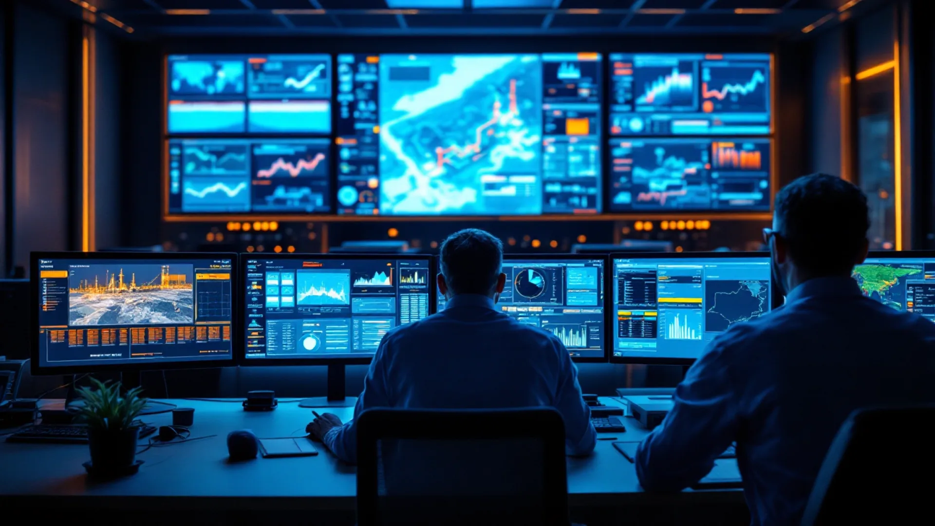 Oil and gas control room with engineers monitoring SCADA and pipeline telemetry