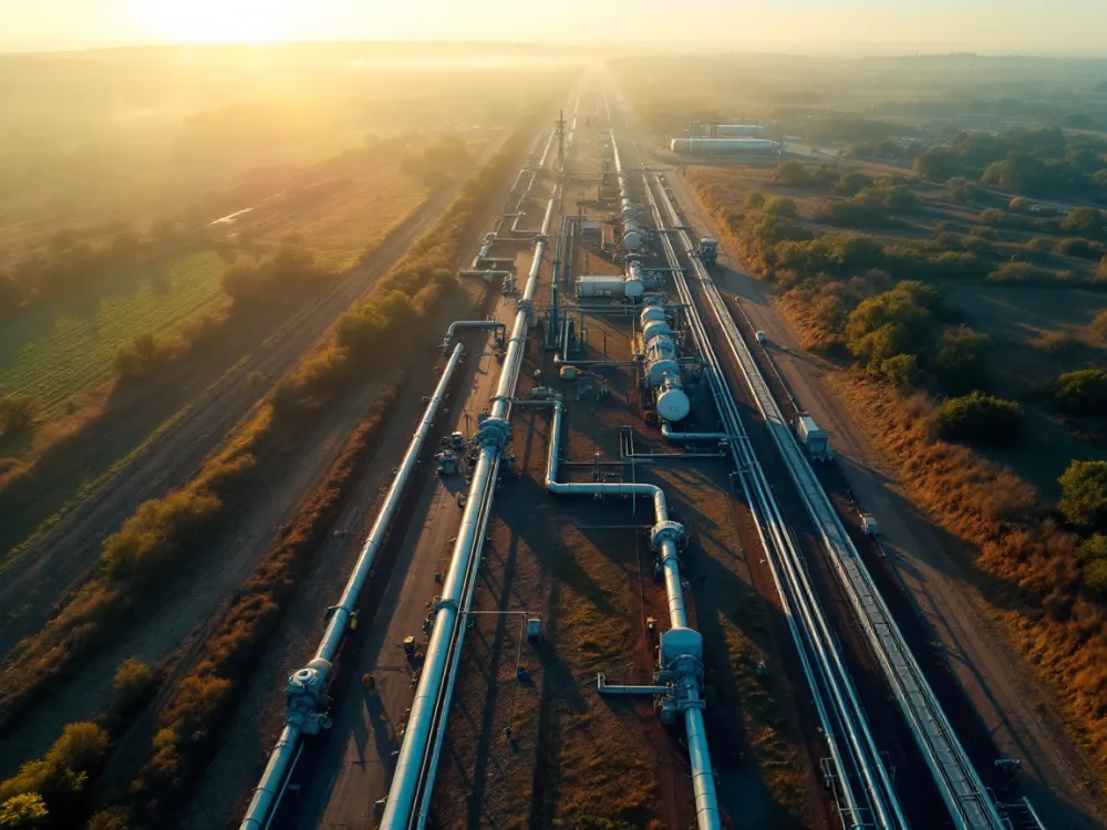 Aerial view of a natural gas pipeline compressor station covered by TSA pipeline security monitoring