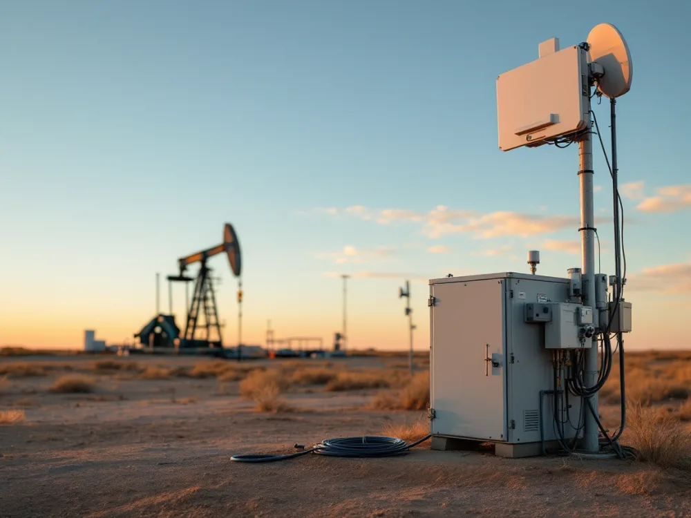 Remote oil well pad site with satellite connectivity cabinet for upstream field data capture