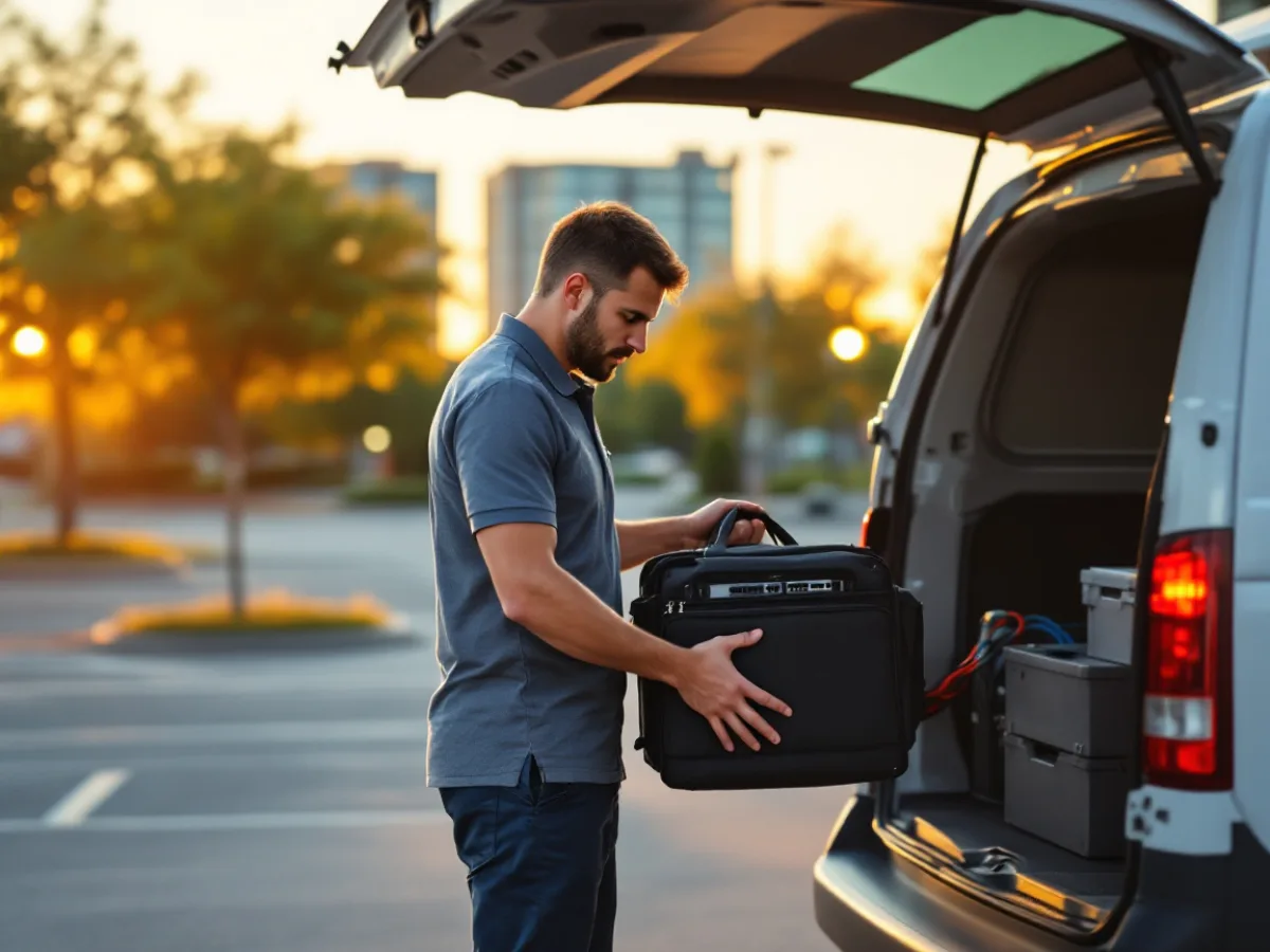 IT engineer loading network gear into a service vehicle in a Texas office park parking lot at golden hour before an on-site dispatch