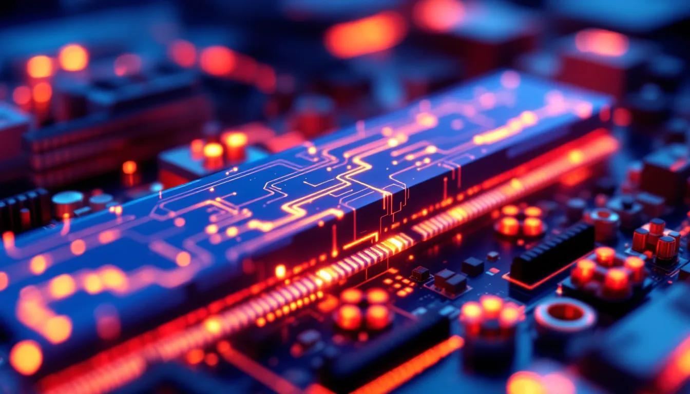 Computer RAM memory modules on a motherboard with glowing data flow representing performance