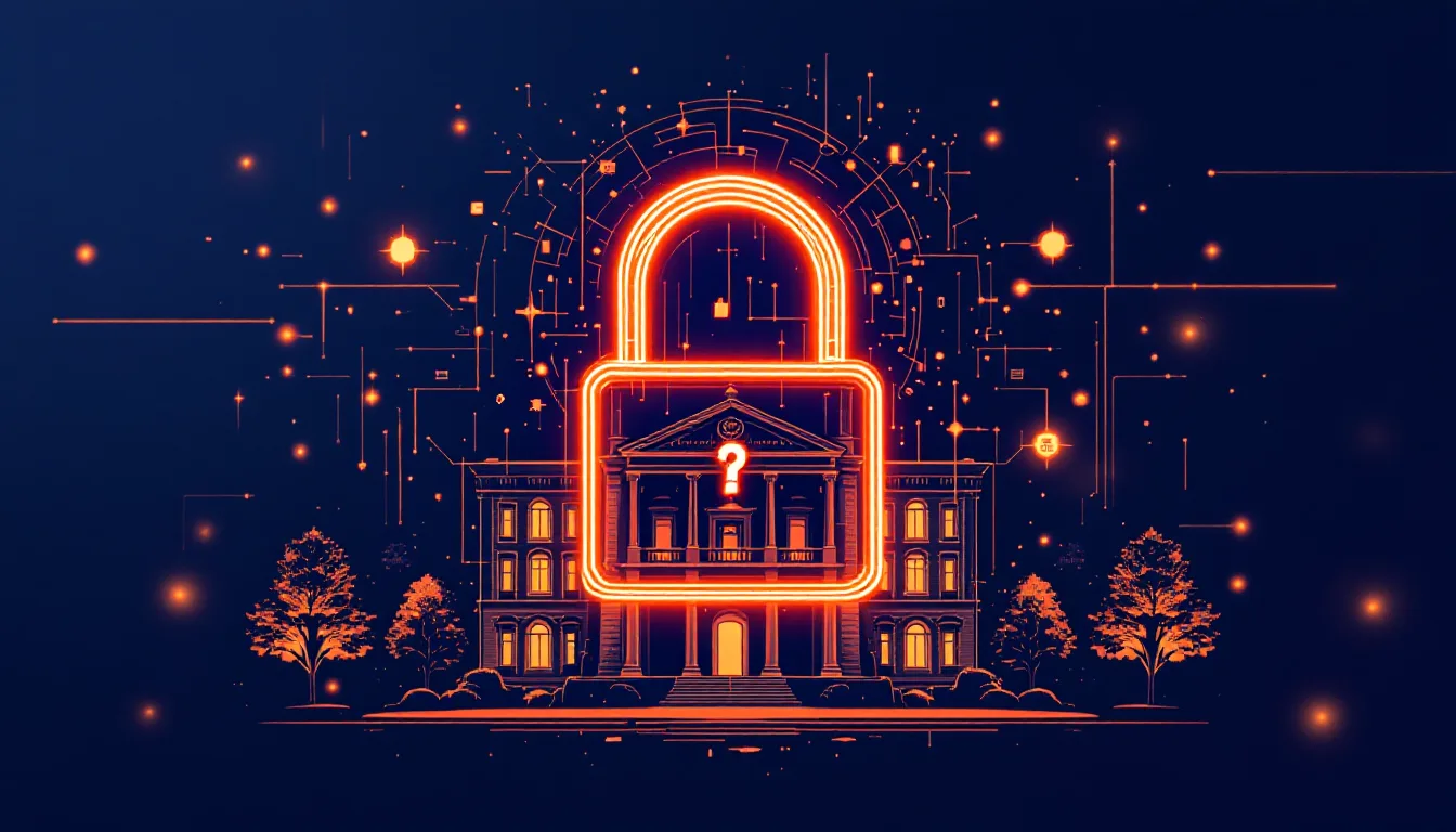 Historic college campus with a ransomware padlock overlay representing a cybersecurity breach in higher education