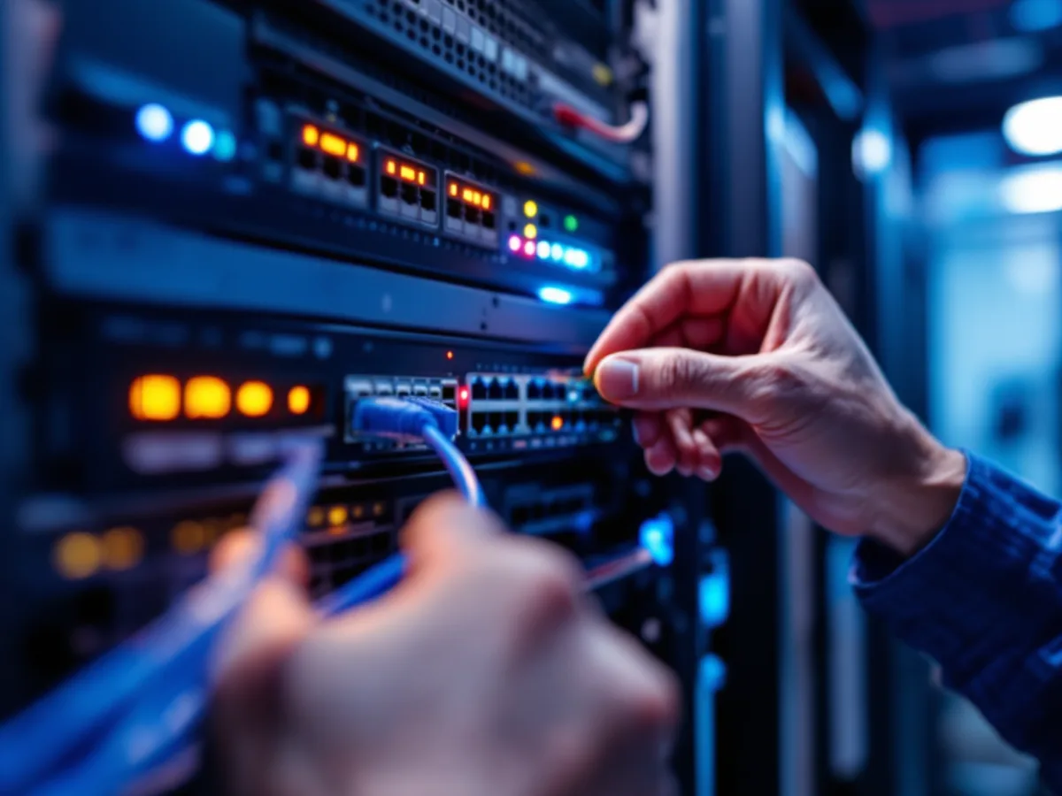 Engineer pulling a network cable to isolate an infected switch segment while leaving the servers powered on