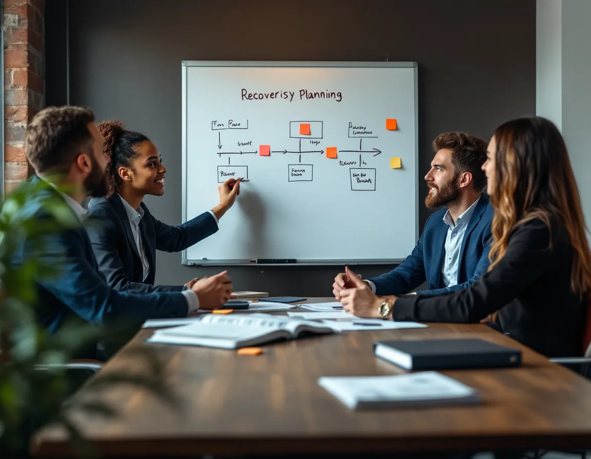 Team mapping a recovery timeline on a whiteboard during a business continuity planning session