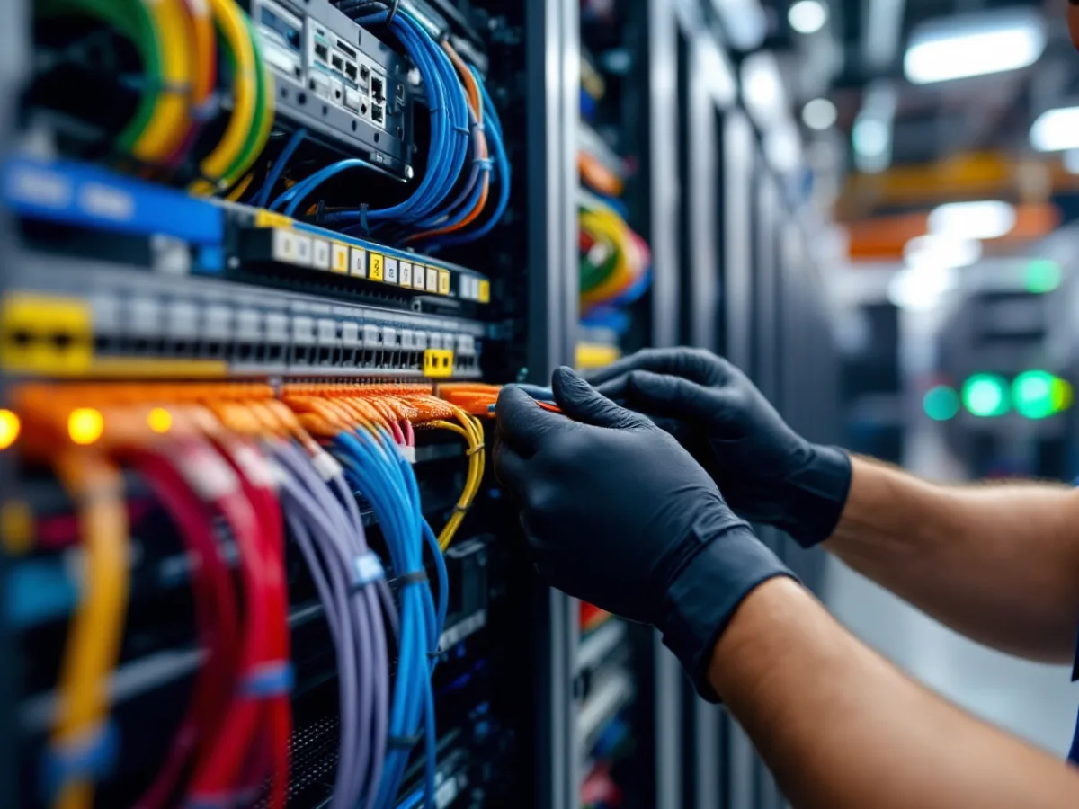 IT technician organizing and labeling structured network cabling on a patch panel in a San Antonio business server room