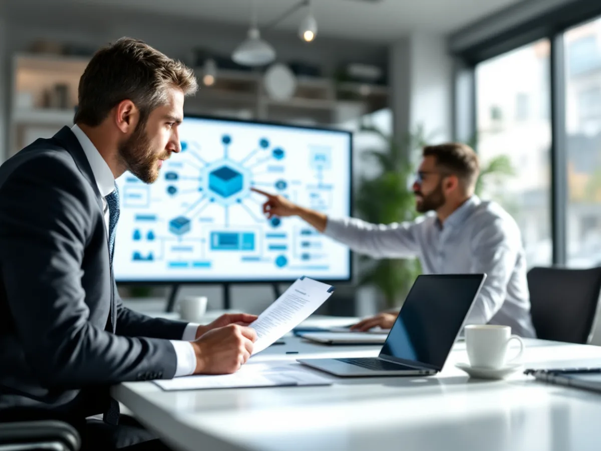 San Antonio business owner and an IT consultant reviewing a network support service agreement and network diagram at a conference table