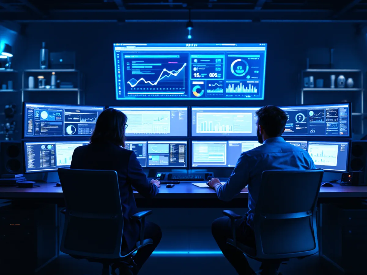 Two IT analysts monitoring live network performance and security dashboards in a 24/7 network operations center