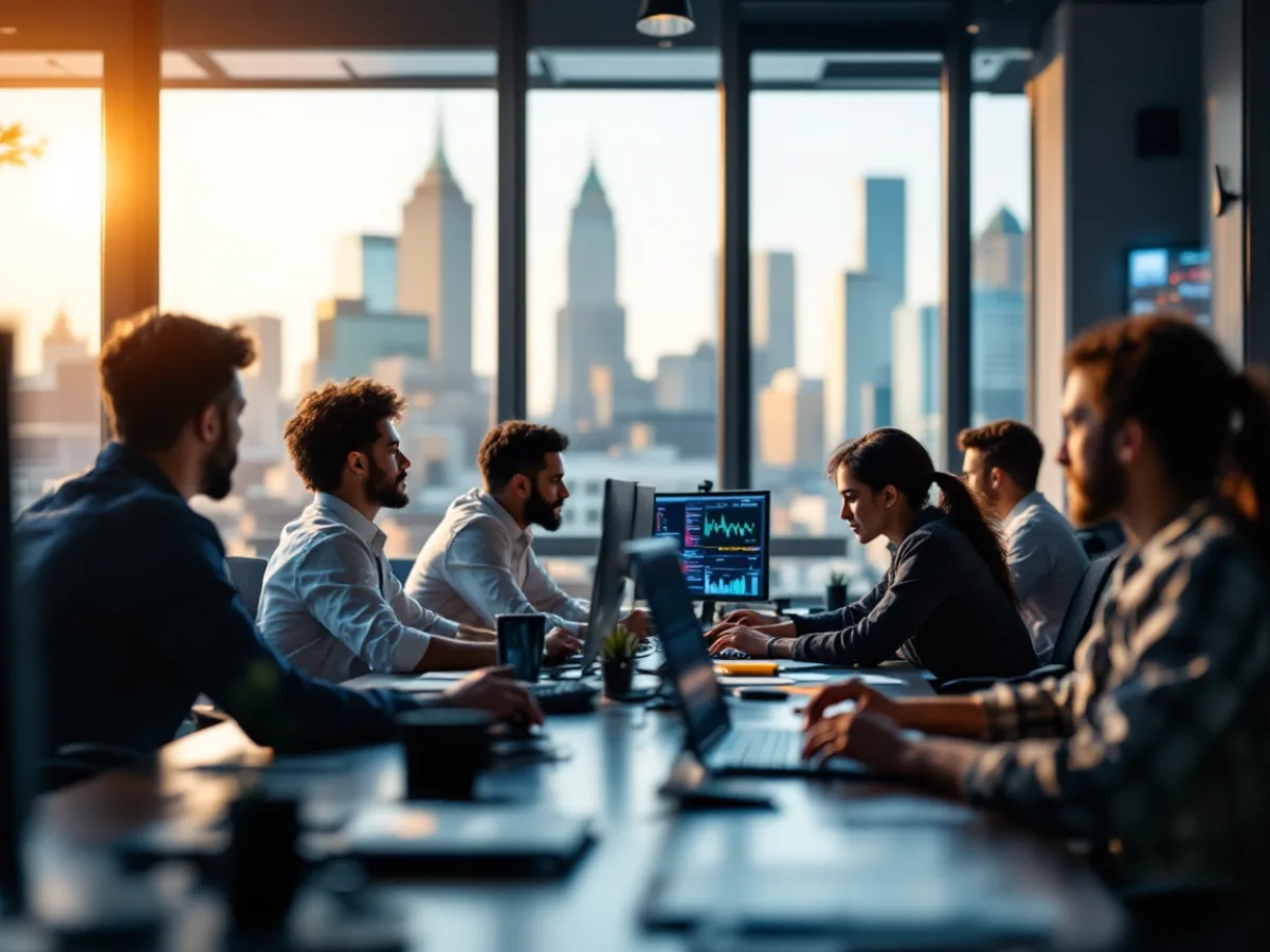 A local San Antonio managed IT services team collaborating in a modern operations office with security dashboards and the city skyline in the background