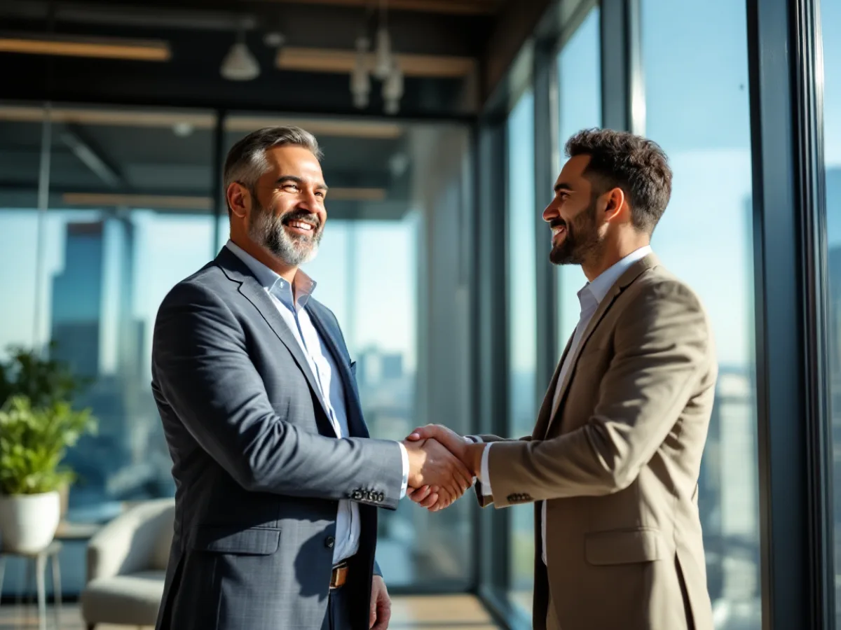 A San Antonio business owner and an IT services partner shaking hands in an office after reaching an agreement