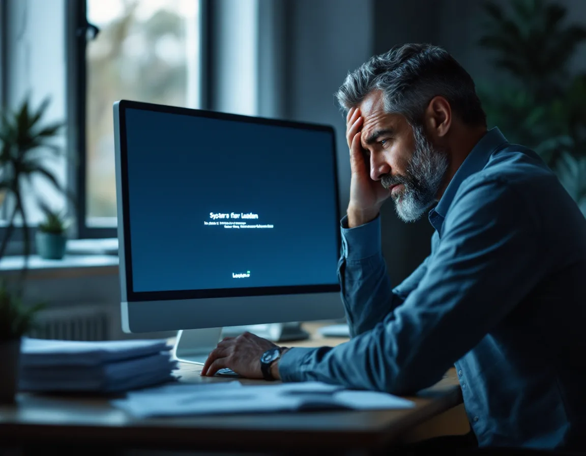 Business owner frustrated at his desk with a computer error screen, representing reactive break-fix IT problems