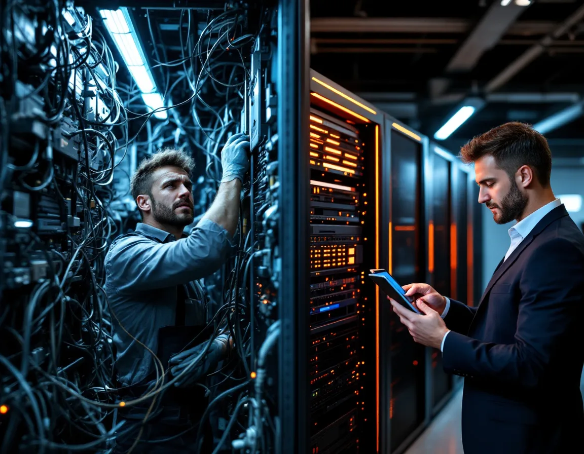 Side-by-side comparison of a cluttered failing server closet and an organized proactively managed data rack