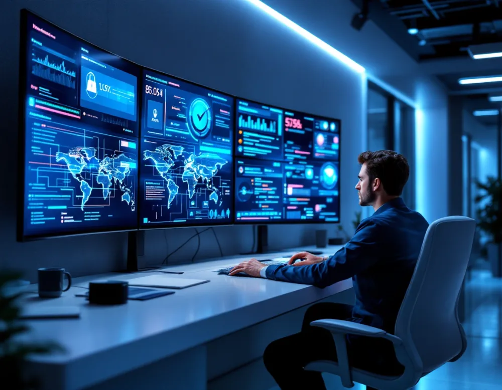 Cybersecurity analyst monitoring a security operations dashboard protecting a small and mid-sized business