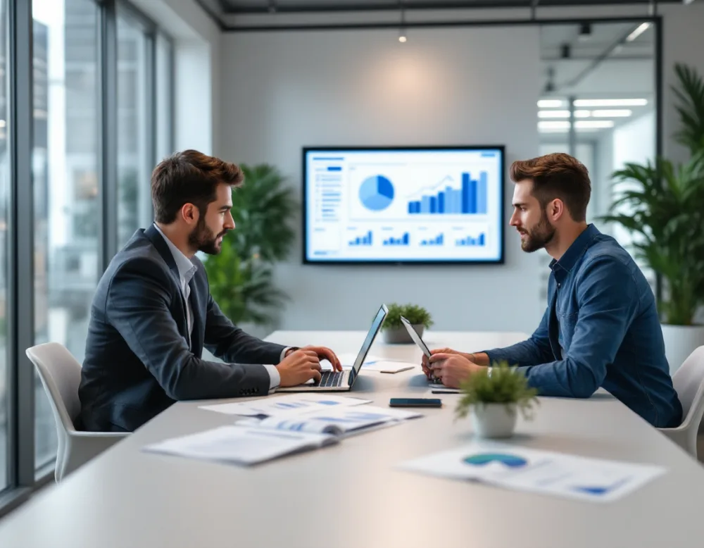 Technology consultant and small business owner reviewing an IT roadmap and growth plan on a laptop