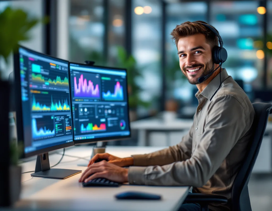 Uprite help desk technician wearing a headset providing remote IT support for a Houston small business with network monitoring dashboards on two screens