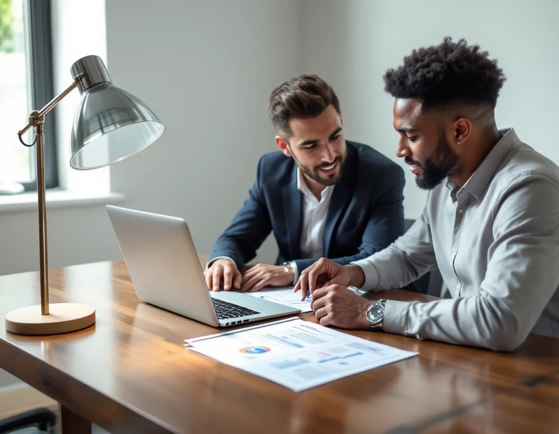 Houston small business owner and an Uprite IT consultant reviewing a business technology roadmap together on a laptop in a small office