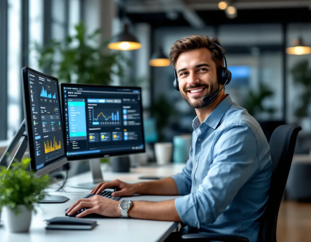 Friendly managed IT help desk technician wearing a headset supporting a small business from multiple monitors