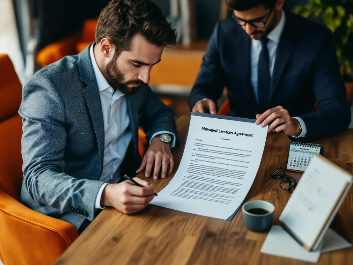 A small business owner and an advisor reading a managed services agreement with the termination and auto-renewal clause highlighted