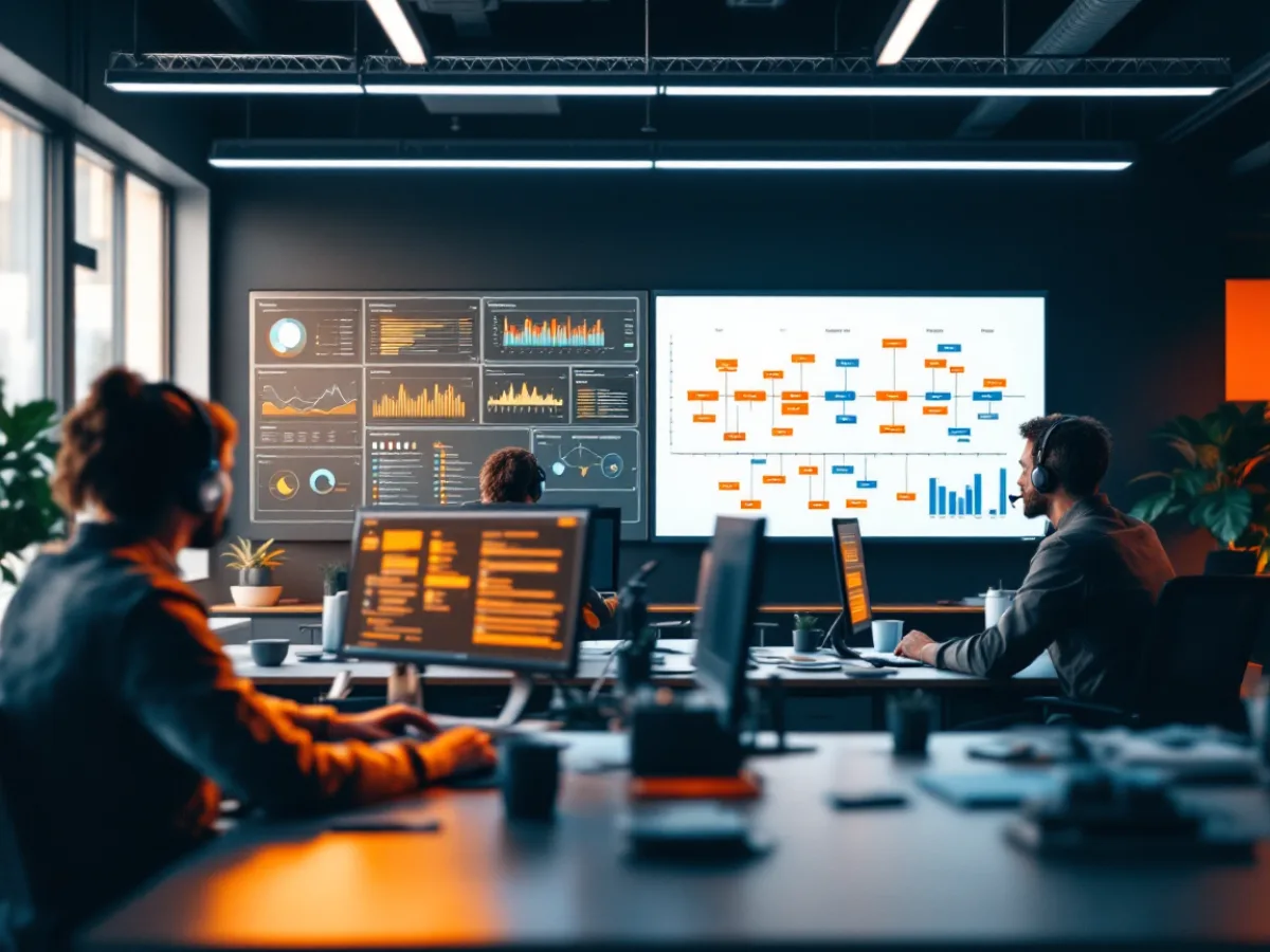 Two IT support teams working in the same network operations room during an MSP overlap period, one monitoring dashboards and one documenting systems on a whiteboard timeline