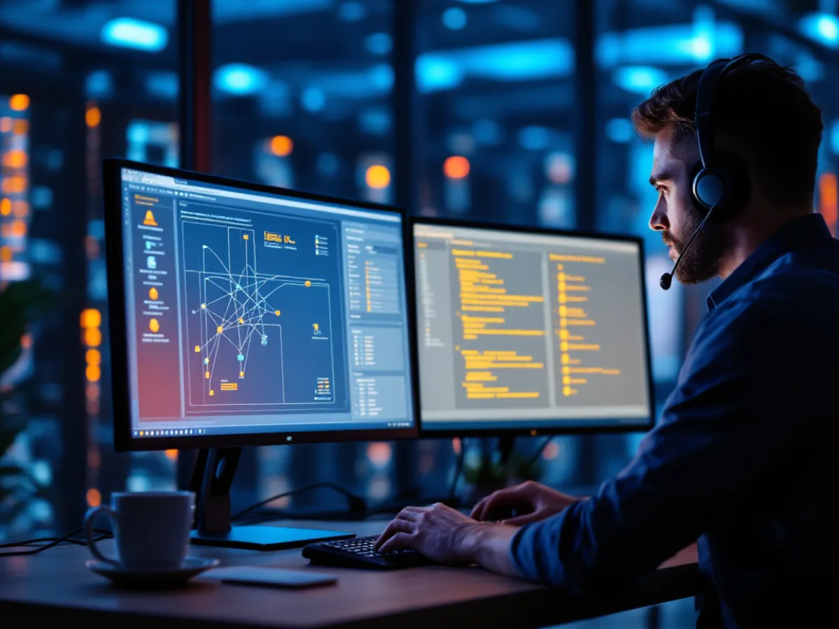 A network engineer at a dual-monitor workstation running a staged systems cutover, checking a network topology map against a migration step checklist