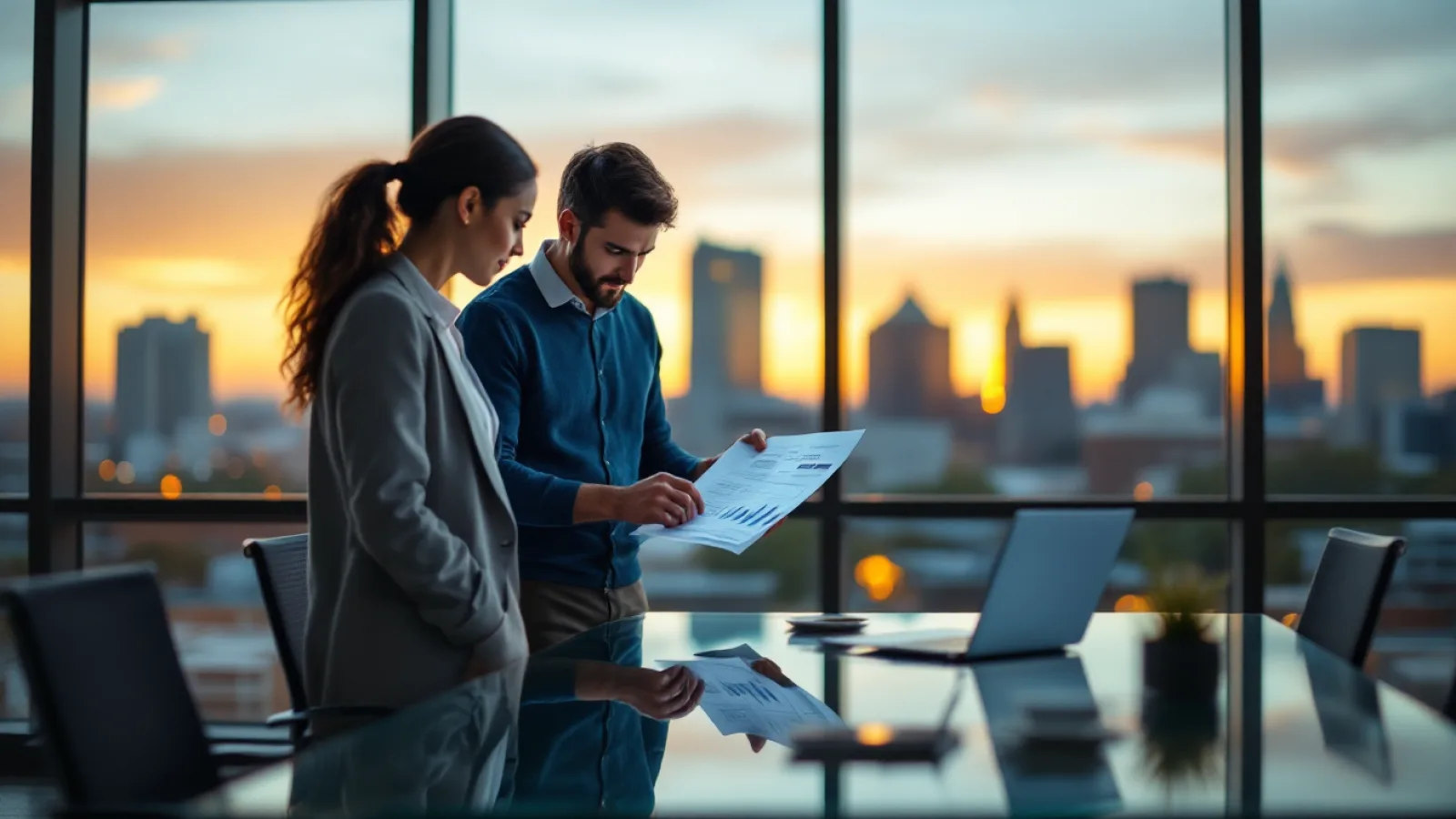 A Texas business manager and an incoming managed IT services engineer reviewing a printed MSP transition plan and migration timeline in a modern office